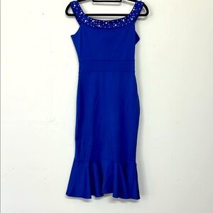 🌞 Chicme Elegant Blue Sleeveless Pearl Adored Neckline Ruffle midi Dress women M